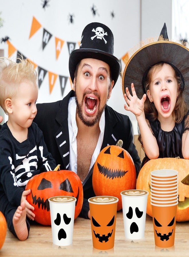 JarThenaAMCS 100Pcs Halloween Paper Cups 9oz Pumpkin Ghost Disposable Drinking Cups White Orange Spooky Party Cups for Hot Cold Drink Halloween Party Supplies - Image 5